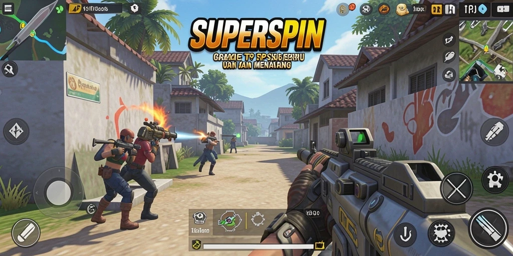 Tangkapan layar utama SUPERSPIN menampilkan aksi seru dalam gameplay TPS.
